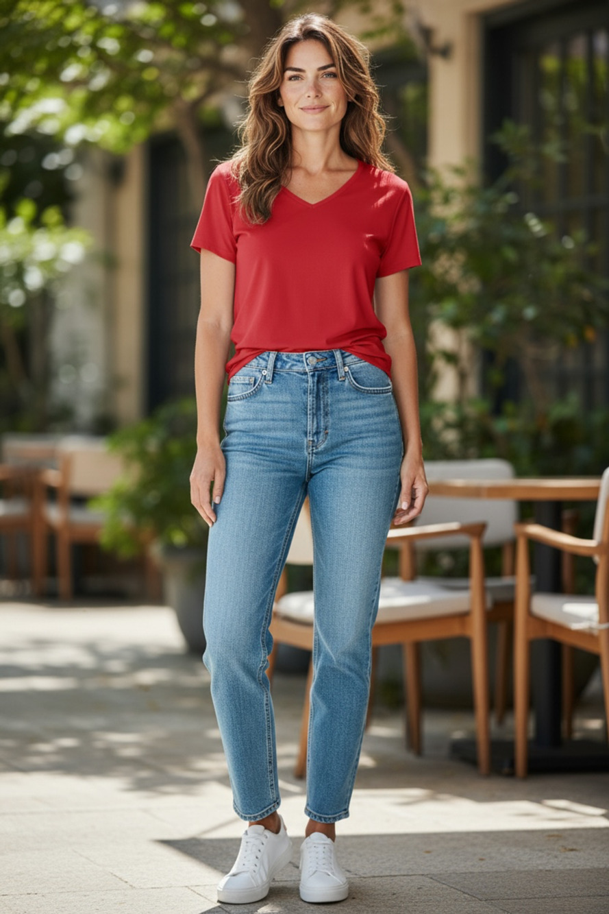 SHEIN Red V-Neck Short Sleeve T-Shirt